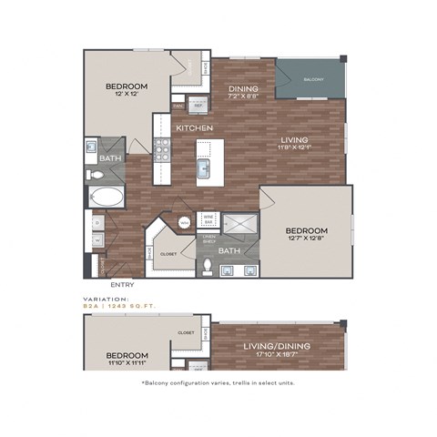 Floor plan for 2 beds, 2 baths, 1183 sqft